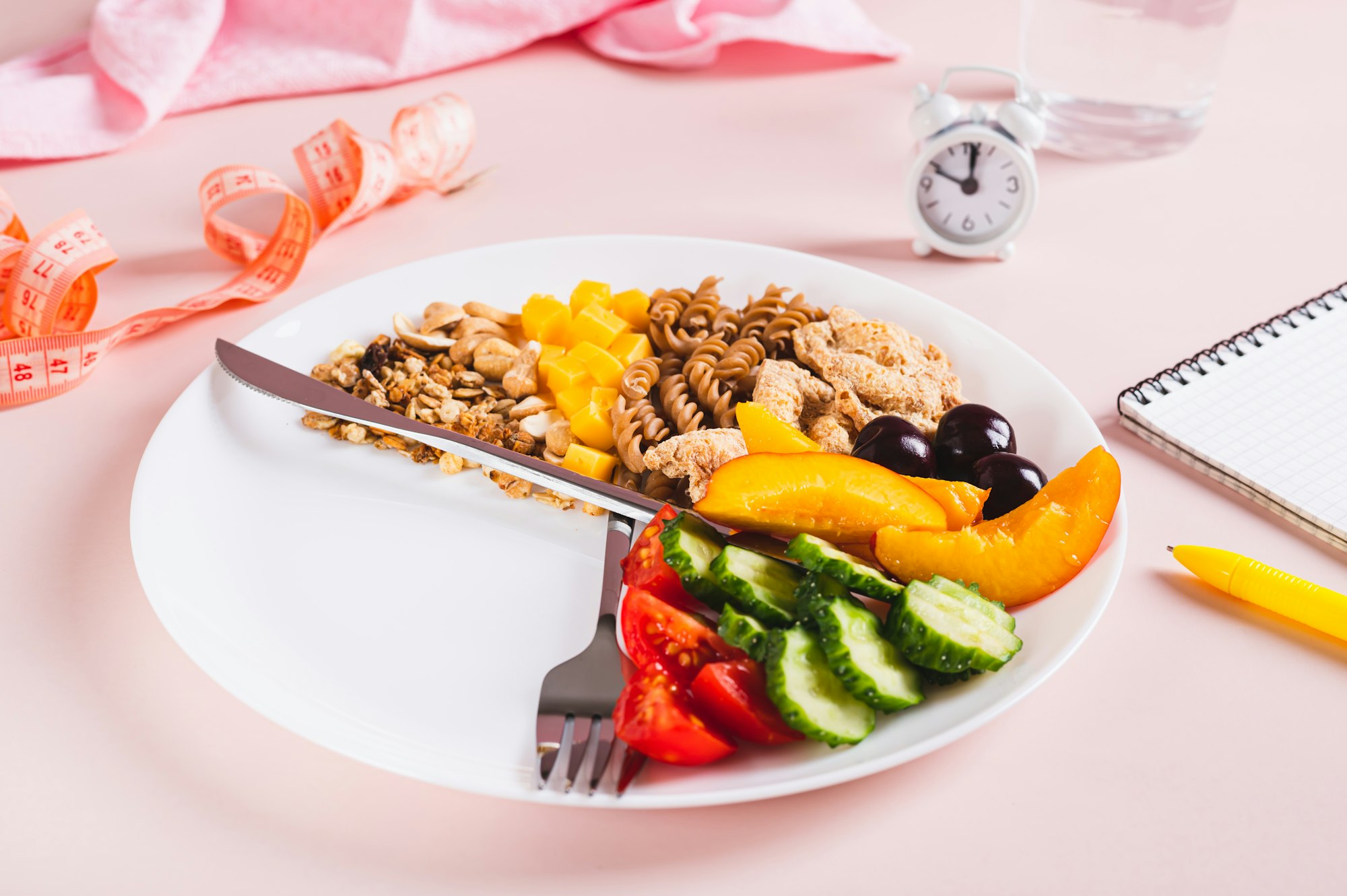 Concept individual meal plan by time food on plate on table