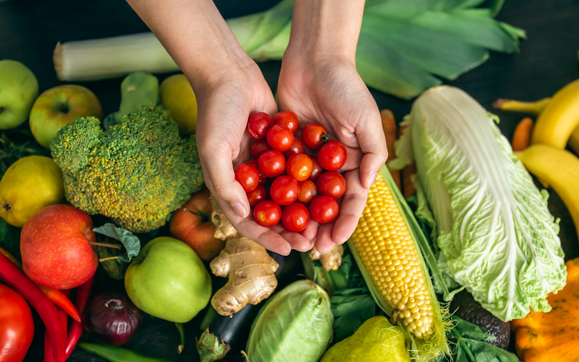 Small cherry tomatoes in women's hands on a blurred background.